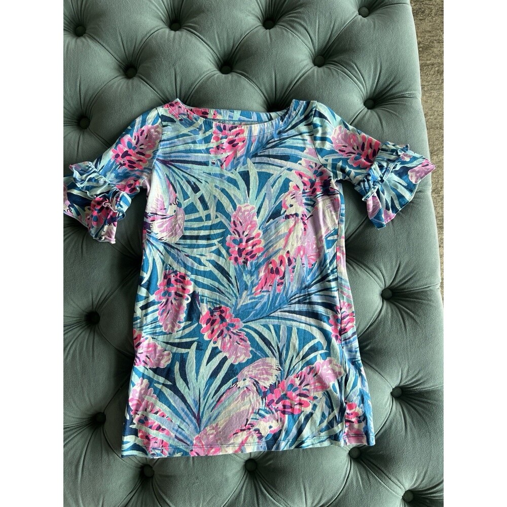 Lilly Pulitzer Mrs Peacock Blue Tweethearts Lula Ruffle Sleeve Dress Youth Med M